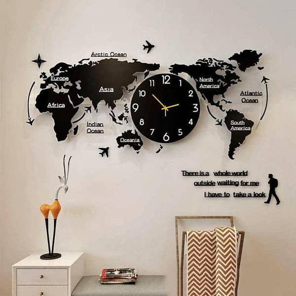 EVENTO World Map 56 Inches Wall Clock Wooden And Hanging Watch DIY Design Decoration Piece Item For Home Living Bed Room And Offices And For Gifts