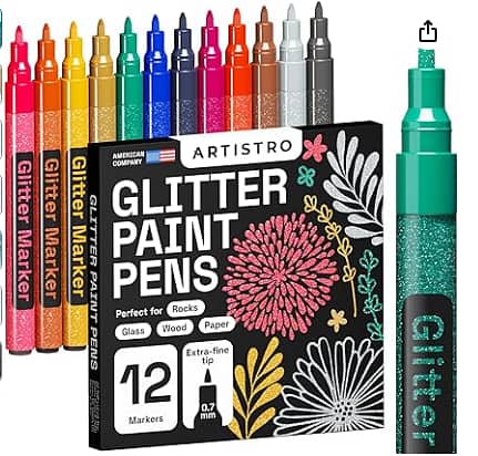 ARTISTRO 12 Glitter Paint Pens for Various Surfaces - Rock Painting, Stone, Ceramic, Glass, Wood, Fabric, Scrapbooking, DIY, and Coloring