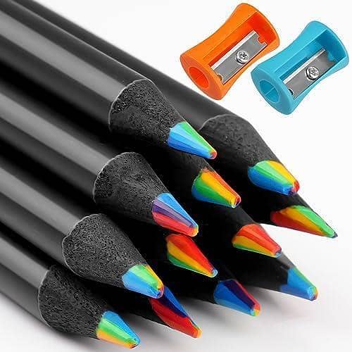 Pack of 10 Black Wood Colored Pencils - 7 Colors in 1 for Sketching, Doodling, Coloring, and Painting