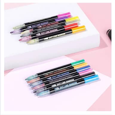 Colors Outline Metallic Markers Pens, Double Line Pen, Magic Glitter Chisel Drawing Pens for Greeting Cards, Craft, Posters, Painting, DIY Sketching, Child Color Pen(1)(2)(3)(4)(5() (6) (12)