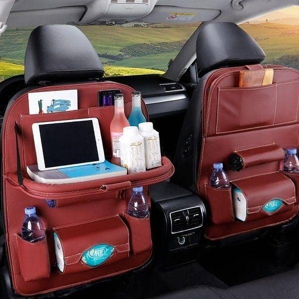 Car Back Seat Organizer with Tray and Storage - Red PU Leather