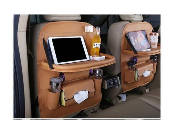 Car Back Seat Organizers - PU Leather with Tray and Storage in Camel Color