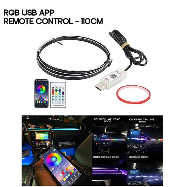 Car Interior Dashboard LED Ambient Lights Acrylic Symphony RGB USB APP Remote Control - 110cm