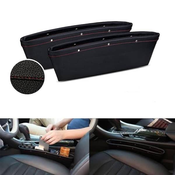 Car Storage PU Leather Seat Gap Filler Organizer Interior Accessories - Black - Set of 2