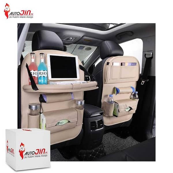 PU LEATHER CAR BACK SEAT ORGANIZER WITH DINING TRAY - 1PCS - BEIGE COLOR