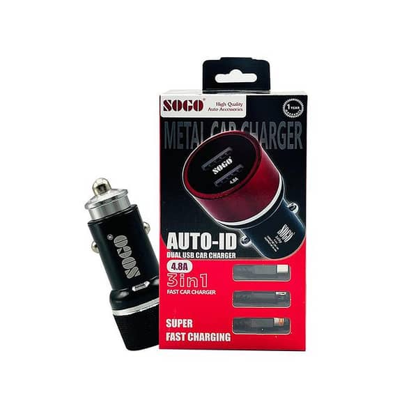 Sogo Dual USB Fast Car Charger with Data Cable 3 in 1 4.8 Quick Charge Power