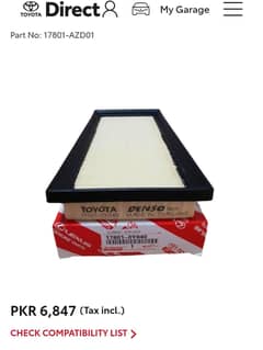 toyota yaris geniune air filter denso new