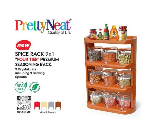 Pretty Neat 4 Tier Condiments & Spice Rack With 9 Spice Jars