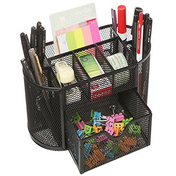 Desk Organizer, 9 Compartment With Drawer Mesh Metal Steel Pen Stand/Holder stationery organizer- Black