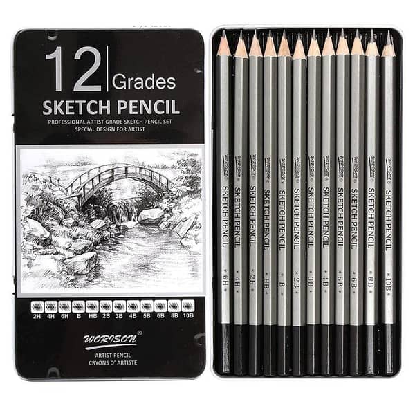 Worison 12-Count Professional Sketch and Drawing Pencil Set in Metal Box