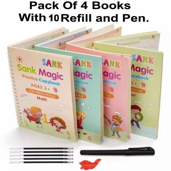 Pack of 4 Magic book Practice Copybook for Kids, Reusable - Number & Letter Tracing Books, Drawing & Math Practice Books - Print Handwriting Workbook (4 Book + 10 Refill) Ages 3-6