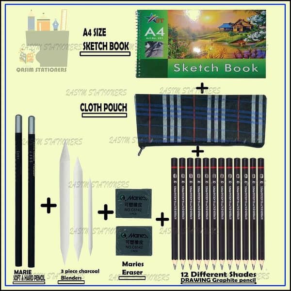 21 Pcs Artist Sketching Set Includes A4 Size 20 Sheet Sketch Book, 12 Different Shades Drawing Graphite Pencils, 3 Pcs Charcoal Blenders, Marie Soft and Hard Pencil, Kneadable Eraser For Charcol Pencil, Cloth Pouch