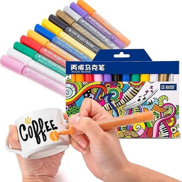 STA Permanent Acrylic Paint Markers Set 12 Colors Art Permanent Markers for DIY Glass, Ceramic, Rock, Wood, Canvas