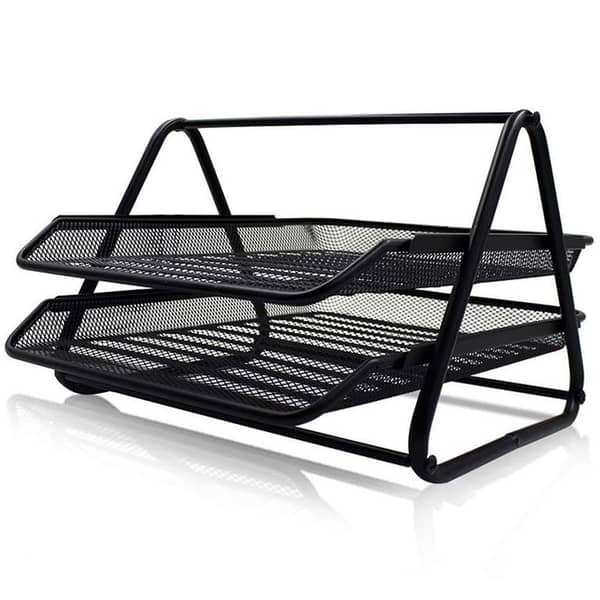 Office 2 Tier Heavy Duty Metal Desktop Letter Tray File Organizer Sorter Desk Document Organizer Shelf Tray Magazine Holder Paper File Newspaper Organizer Tray - Black