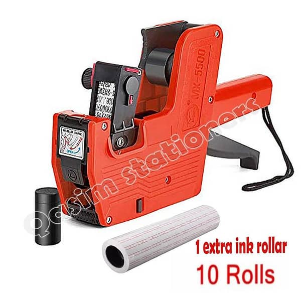 8 Digit Price Tag Machine Labeller + 10 Label Stickers Roll + 1 Ink Roller - Multicolour