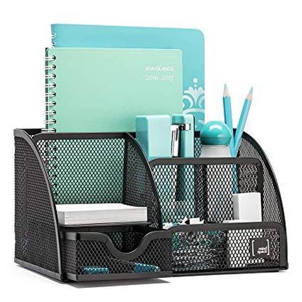 Metal Desk Organizer Mindspace Office with 6 Compartments + Drawer The Mesh Collection, Black