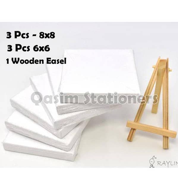 7Pcs Value Pack Primed Coated Canvas Set Included Easel (3*6x6, 3*8x8, 1*Wooden Easel)