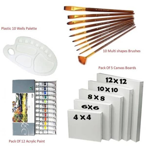 28 Pcs/Set Marie's Value Pack For Artist - Canvases, Maries Acrylic Paints, Multi Shape Brushes and 10 Wells Palette