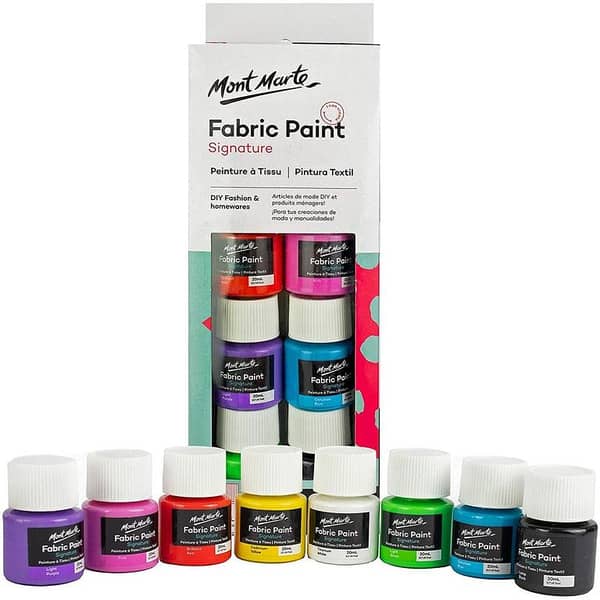 Mont Marte Textile & Fabric Paint Set - 8 Pieces x 20ml - Permanent Textile Paints - Ideal Colours for Clothing, Bags and All Fabrics