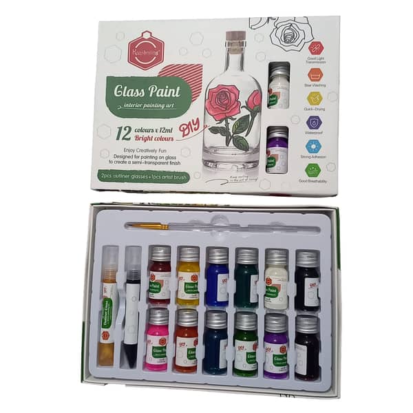 Pack of 12 - Keep Smiling Glass Colour Paints 12ml with Glass Outliner and Paint Brush