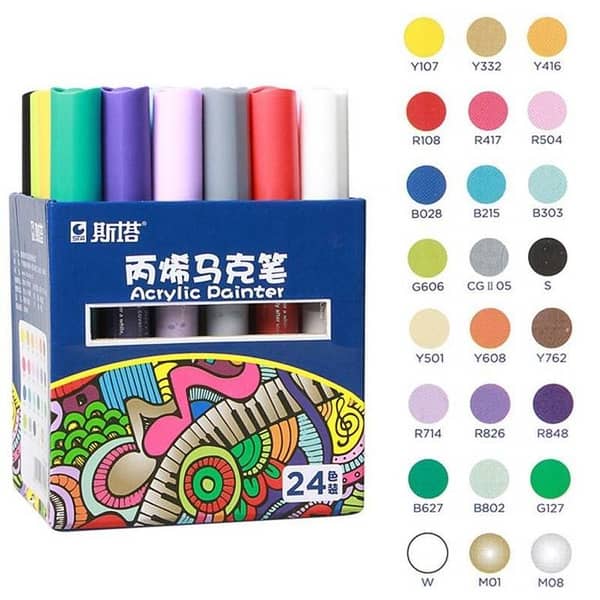 STA Permanent Acrylic Paint Markers Set 24 Colors Permanent Art Markers for DIY Glass, Ceramic, Rock, Wood, Canvas