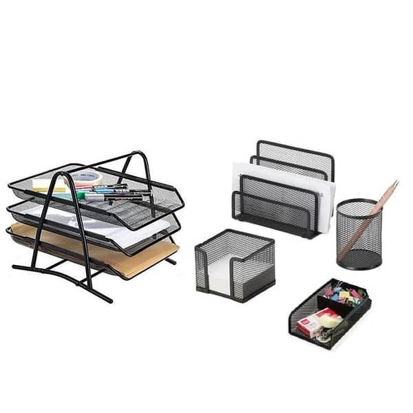 5 in 1 Desk Organizer Table Set Pen Stationery Holder Stand & Letter Tray 3 story Tier Metal Mesh Set of 5 Black