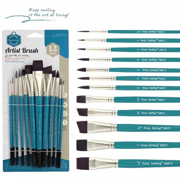 Keep Smiling 12PCS Multi Shape Nylon Hair Acrylic Paint Brush Set for Oil Acrylic Watercolor Paint Multishapes