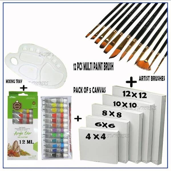 30 Pcs/Set Value Pack For Artist - Canvases, Acrylic Paints, Multi Shape Brushes and 10 Wells Palette
