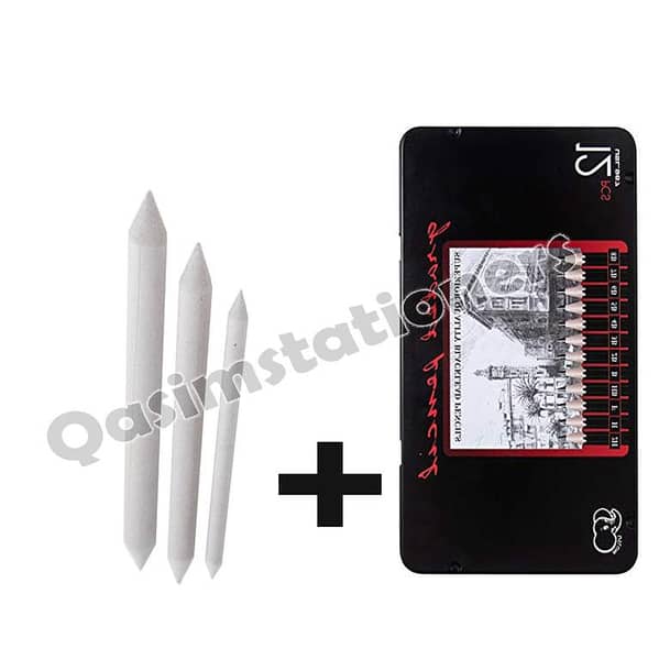 Combo Pack - 12Pcs Metal Box Professional Sketch Pencils and 3Pcs Charcoal Blender
