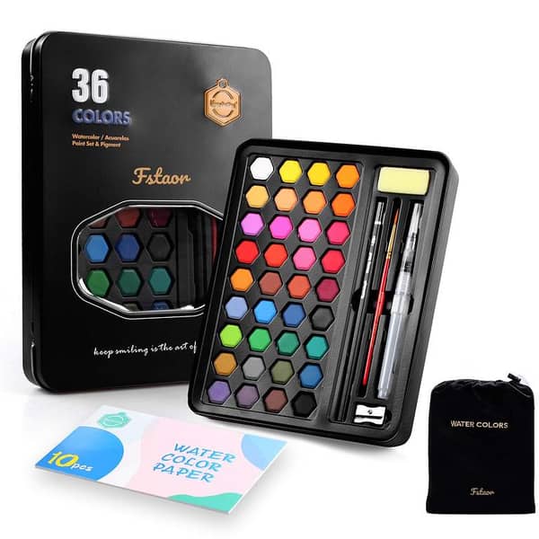 Keep Smiling 36 Colors Solid Watercolor Paints With Painting brush and sponge Tin Box Set