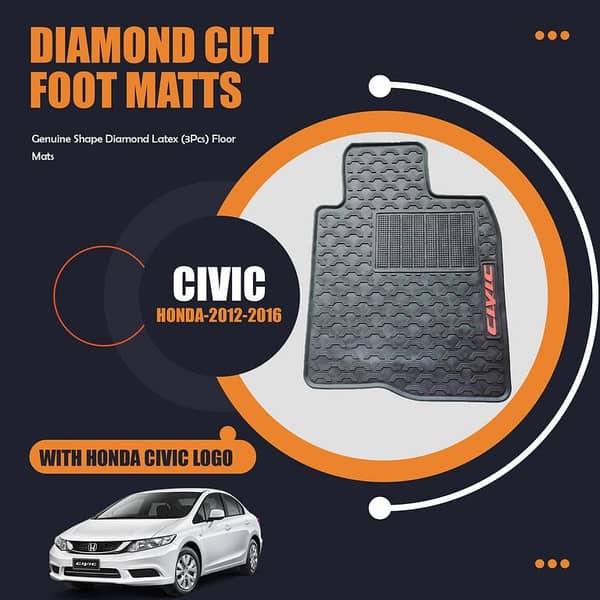 Honda Civic 2012-16 Genuine Shape Diamond Latex (3Pcs) Floor Mats Anti-Slip, Washable Black With Civic Logo