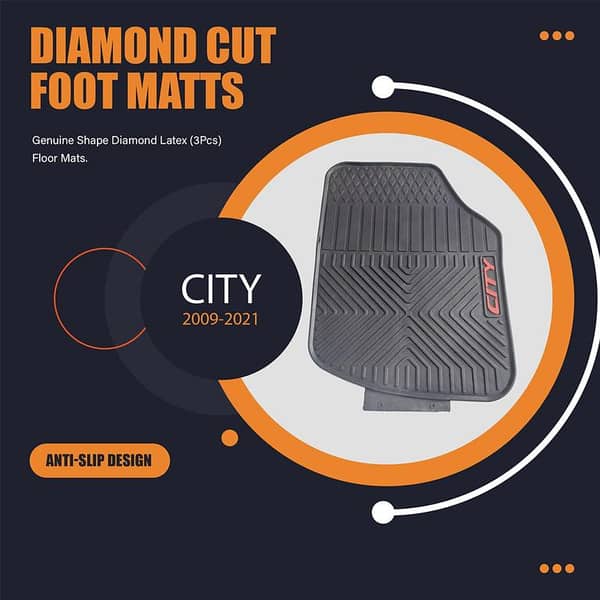 Honda City 2009 to 2021 Genuine Shape Diamond Latex (3Pcs) Floor Mats Anti-Slip, Washable Black With City Logo