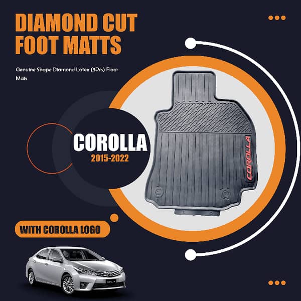 Toyota Corolla 2014-2022 Genuine Shape Diamond Latex (3Pcs) Floor Mats Anti-Slip, Washable Black With Corolla Logo