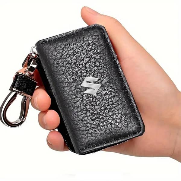 Leather Zipper Car Key Pouch With Metal Hook And Keyring -Suzuki Logo-