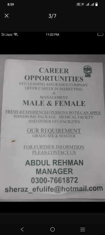 EFU LIFE OFFICE job female part time job available hai. CV  03334705176