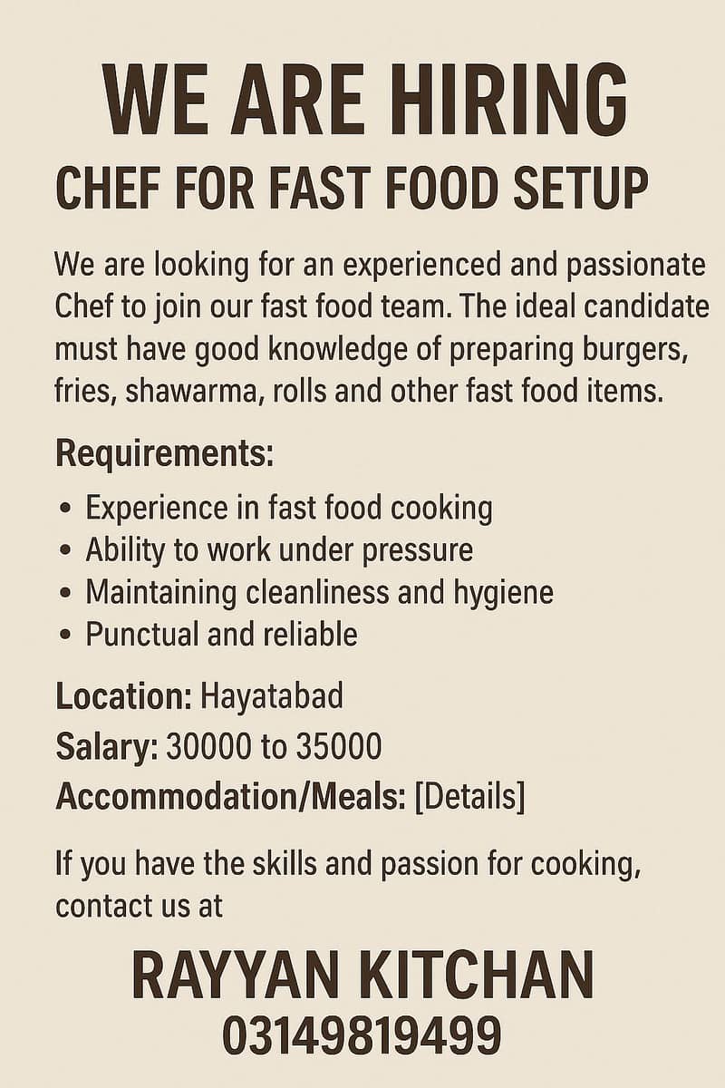 Need Chef for Fast Food Setup 0