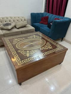 4x4 Wooden Coffee Table – Greek Design – With Glass & Wheels – Lahore