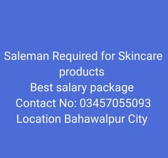 Saleman,Order Booker required for Skincare products