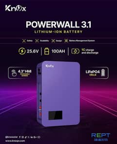 Knox Litium Powerwall 3.0/ITEL / Zing LITHIUM BATTERY 25.6 VOLT 100AMP