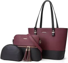 3-in-1 Stylish Women's Handbag Set – Tote, Crossbody & Pouch (Maroon)