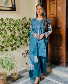 Stunning Women's Stitched Suit Set -3 Pcs  with Embroidered Katan Silk
