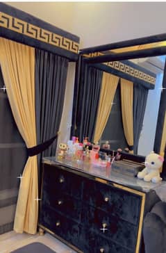 Bedset with side table dressing table coffee chairs and curtain