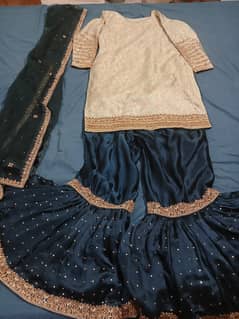 Elegant silk Designer blue/zinc  and gold Bridal Walima/Nikkah Sharara