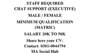 Chat Support Executive Required Staff