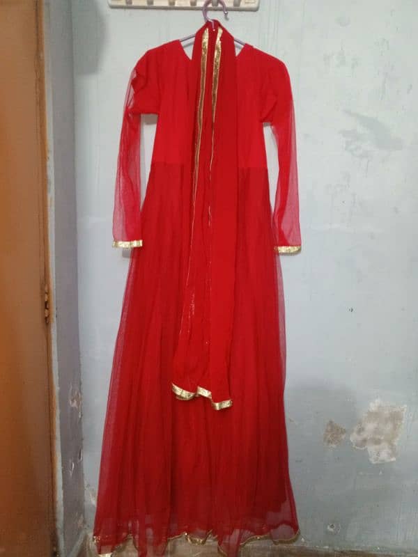 long red net maxi frock with dupatta 0