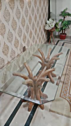 Wooden Oak Table set with 2 side glass tables