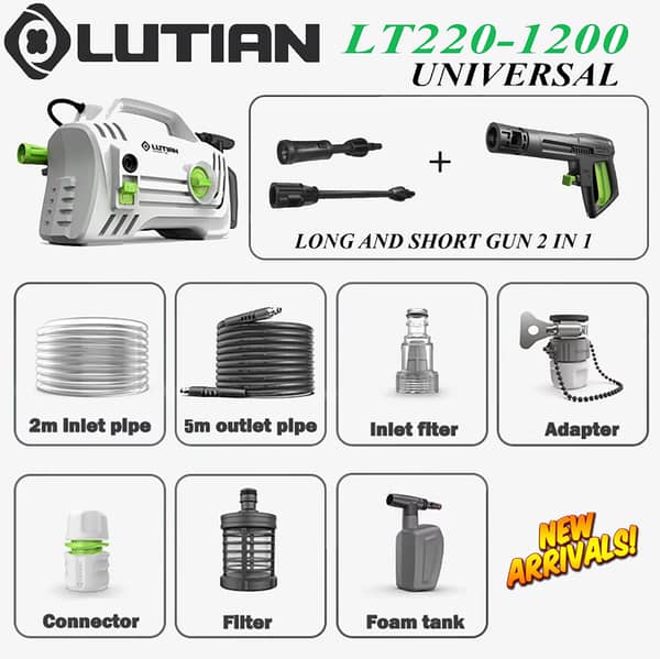 LUTIAN LT220-1200 Universal Edition 100 Bar High Pressure Washer - 1200 Watts - Auto Start and Self Priming - Portable