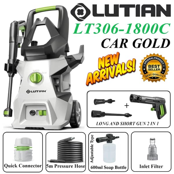 LUTIAN LT306-1800C 140 BAR Pressure Washer - 1800 Watts, Auto Start, Self Priming, Portable - 2-in-1 Long & Short Gun