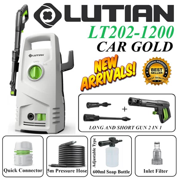 LUTIAN LT202-1200 High-Pressure Washer - 1200 Watts, 100 Bar, Portable with Auto Start & Self-Priming Feature