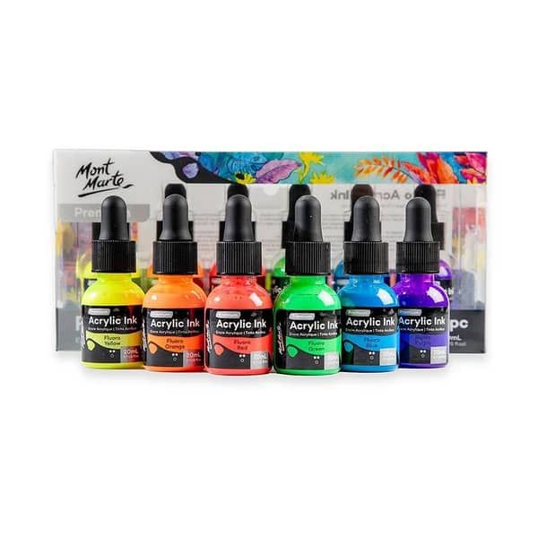 Mont Marte Fluoro Acrylic Ink Set, 6 Colors x 20ml